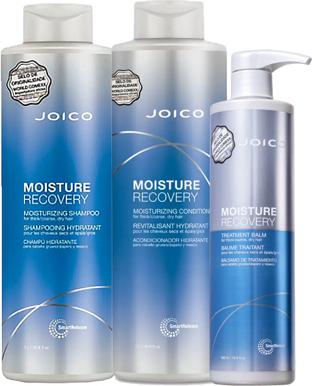 Kit Joico Moisture Recovery com shampoo, condicionador e máscara capilar.