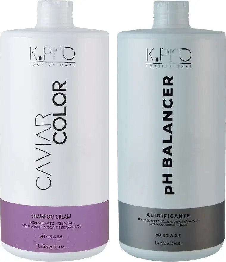 Frascos de Shampoo Caviar Color e Acidificante pH Balancer, ambos da marca K.Pro.