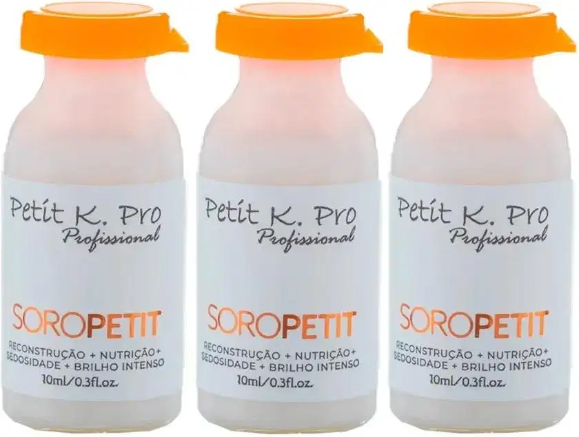 Três frascos de vidro translúcidos com tampas laranja da linha Soropetit da marca K.Pro Professional, contendo 10ml de produto cada. Os rótulos indicam que se trata de um tratamento de reconstrução, nutrição e brilho intenso.