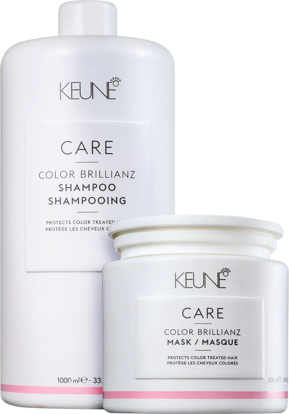 Dois produtos da marca Keune Care: um frasco de shampoo Color Brillianz e um pote de máscara Color Brillianz, ambos em embalagens brancas com detalhes em rosa, apresentando informações sobre a proteção da cor dos cabelos.