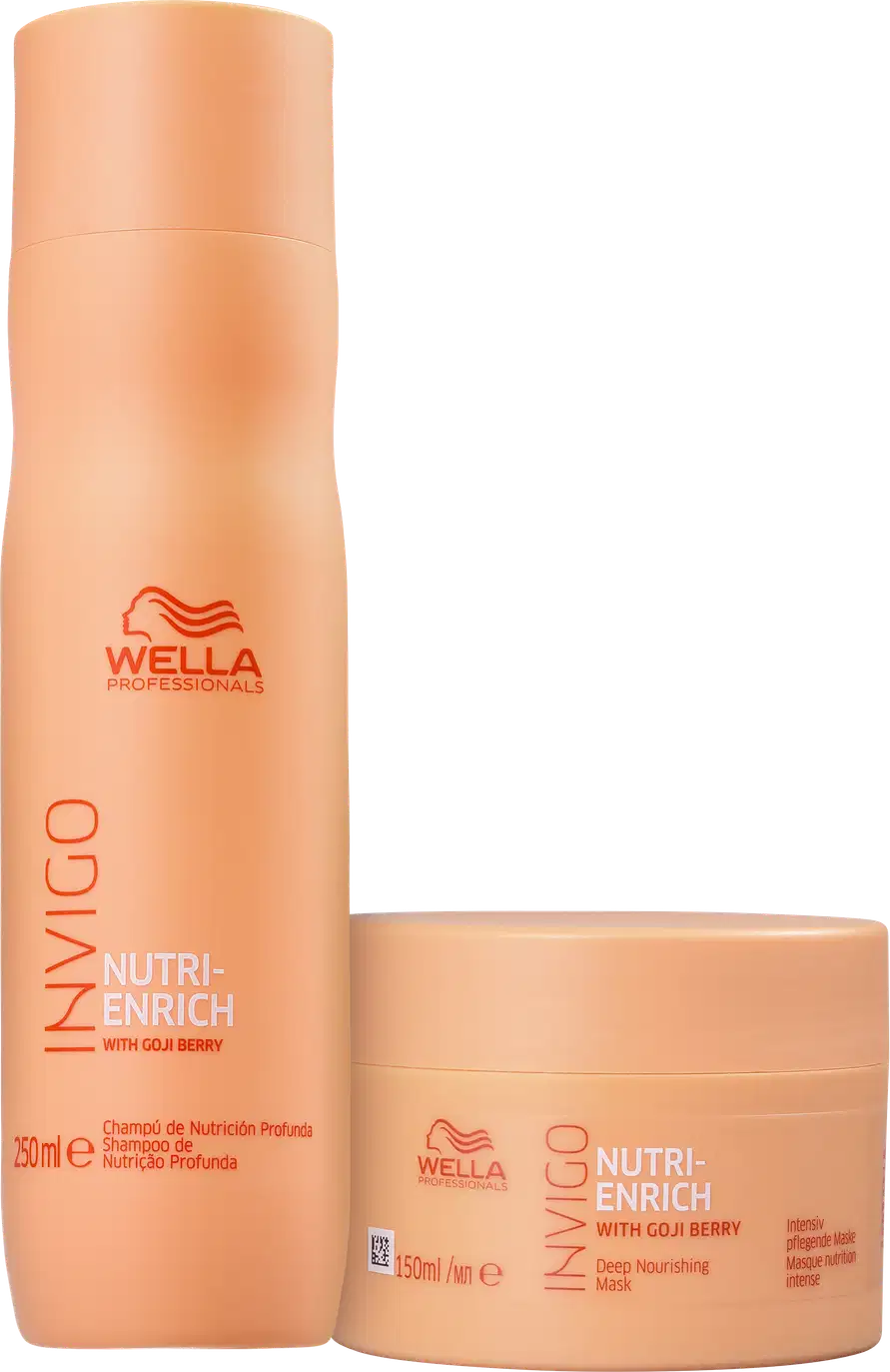 Frasco de shampoo com o logotipo da Wella e o nome "Nutri-Enrich with Goji Berry" impresso. Também há uma máscara capilar na mesma cor laranja.