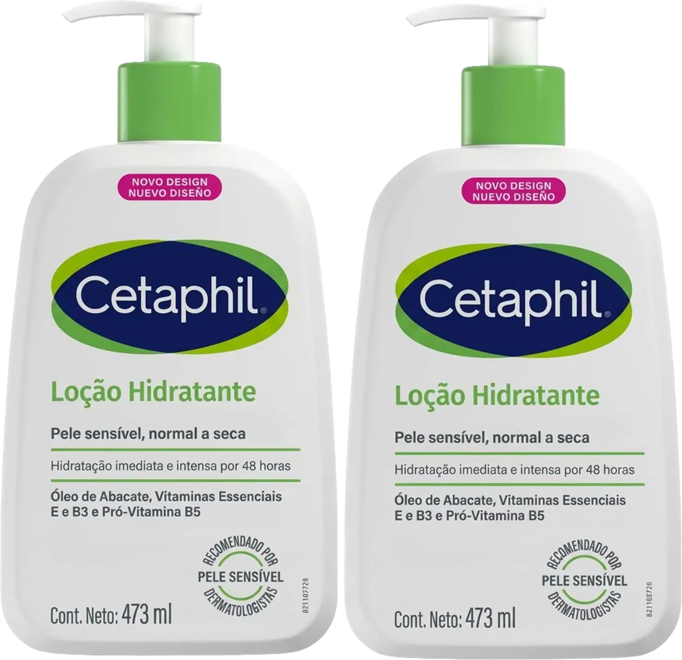Dois frascos de loção hidratante da marca Cetaphil, com embalagem branca e verde, contendo 473 ml cada. Os rótulos exibem o nome da marca, o tipo de produto "Loção Hidratante" e informações sobre a formulação