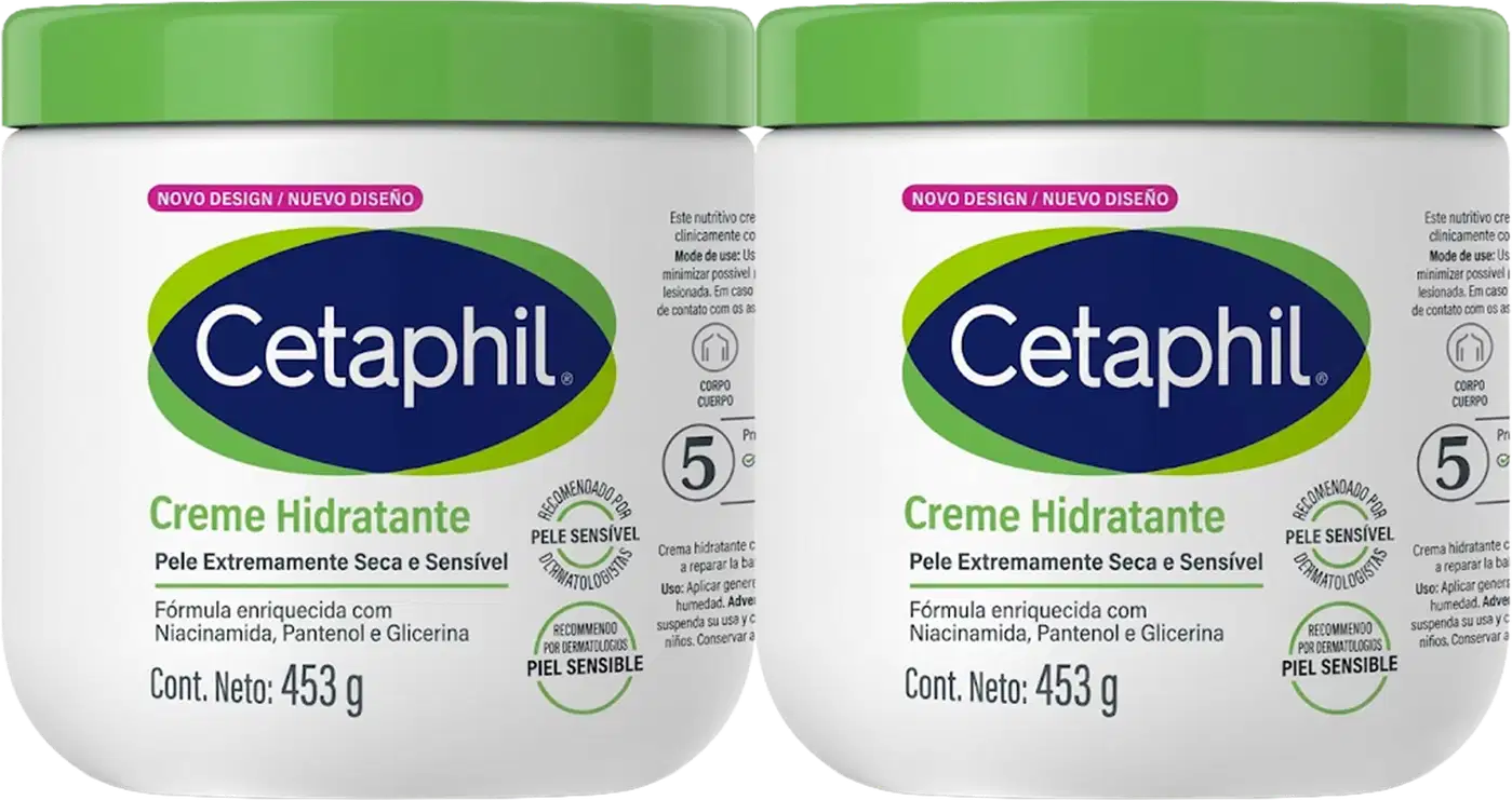 Dois potes de creme hidratante da marca Cetaphil, com embalagem branca e verde, contendo 453g cada. Os rótulos destacam a fórmula enriquecida com niacinamida, pantenol e glicerina, indicada para pele extremamente seca e sensível.