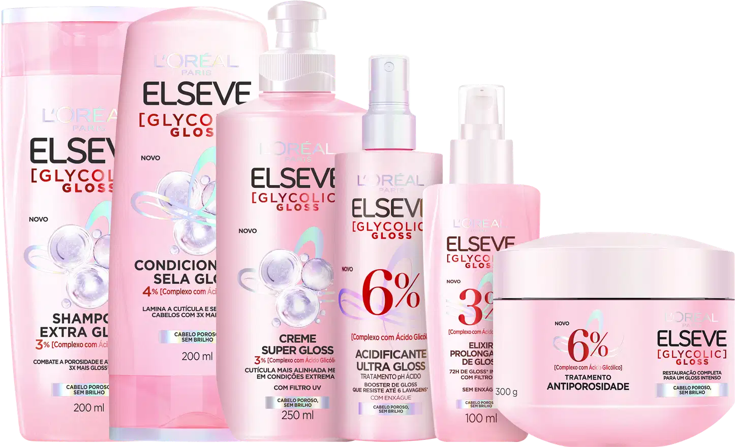 Produtos da linha Elseve Glycolic Gloss da L'Oreal, incluindo shampoo, condicionador, creme e tratamento para cabelos. Embalagens em tons de rosa e branco com rótulos destacando os benefícios do ácido glicólico.