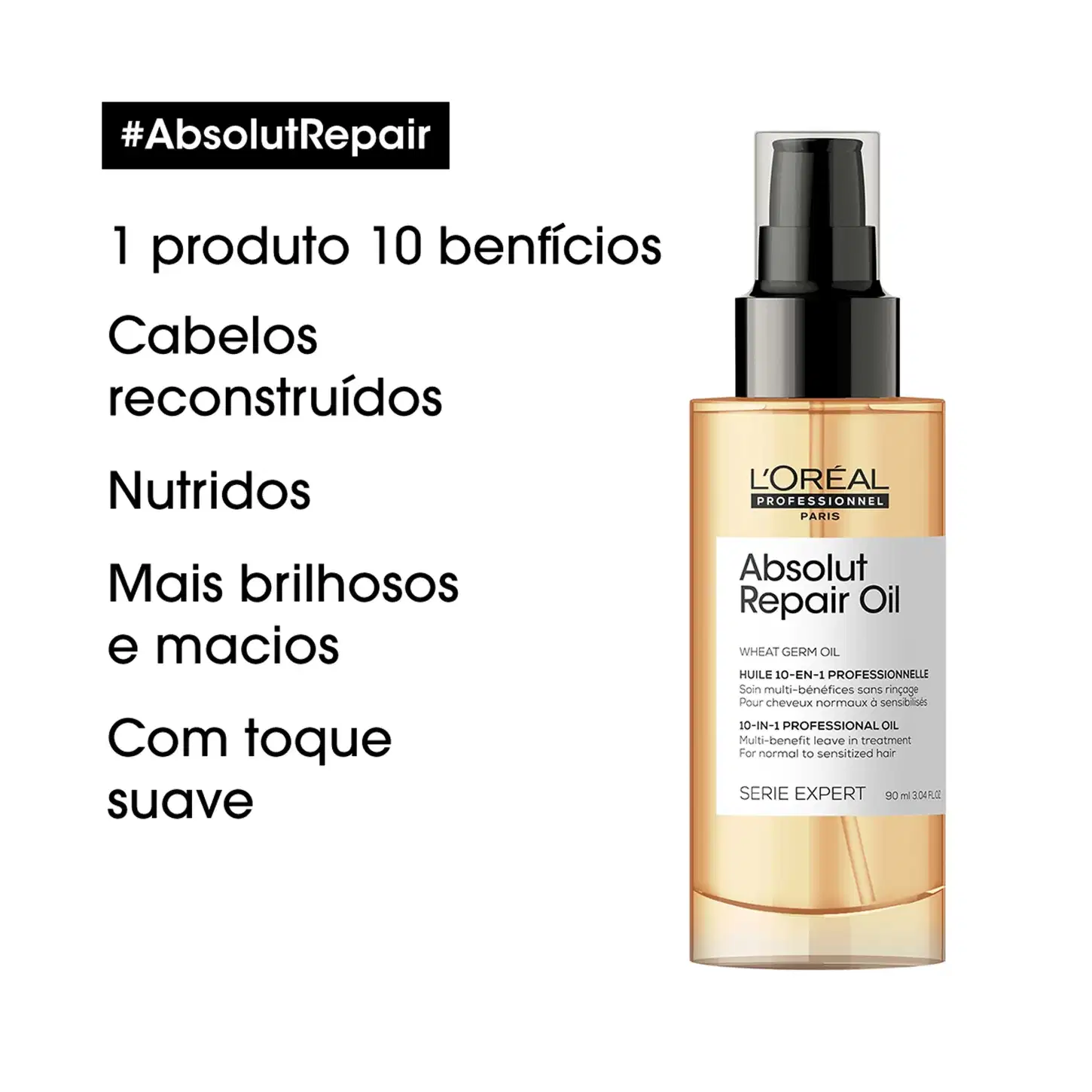 Frasco de item de perfumaria da marca L'Oreal Professionnel, com rótulo "Absolut Repair Oil" em fundo branco. Texto em português lista 10 benefícios do produto, incluindo cabelos reconstruídos, nutridos, brilhosos e macios.