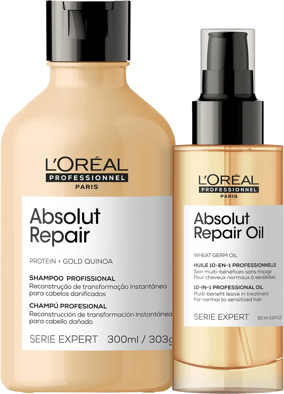 Um frasco de shampoo Absolut Repair e um frasco de óleo Absolut Repair Oil. O shampoo tem embalagem plástica transparente com rótulo preto e branco. O óleo tem embalagem plástica transparente com rótulo dourado e preto.