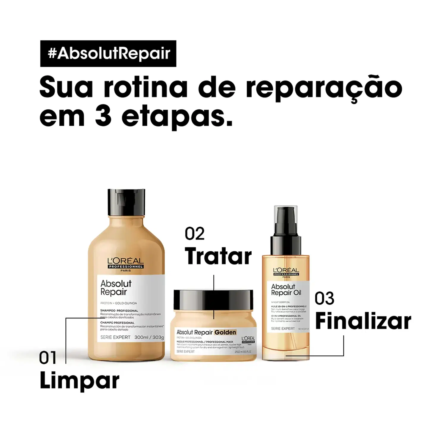 Três etapas de reparação da linha Absolut Repair da L'Oréal Professionnel: 1) Limpar, 2) Tratar com Absolut Repair Golden, 3) Finalizar com Absolut Repair Oil.