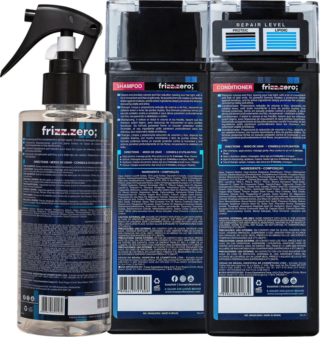 A imagem mostra os mesmo três produtos da linha Frizz Zero.  As embalagens são predominantemente azuis e pretas, estão viradas e trazem na parte de trás dos rótulos informações detalhadas sobre os produtos e instruções de uso impressas nelas.