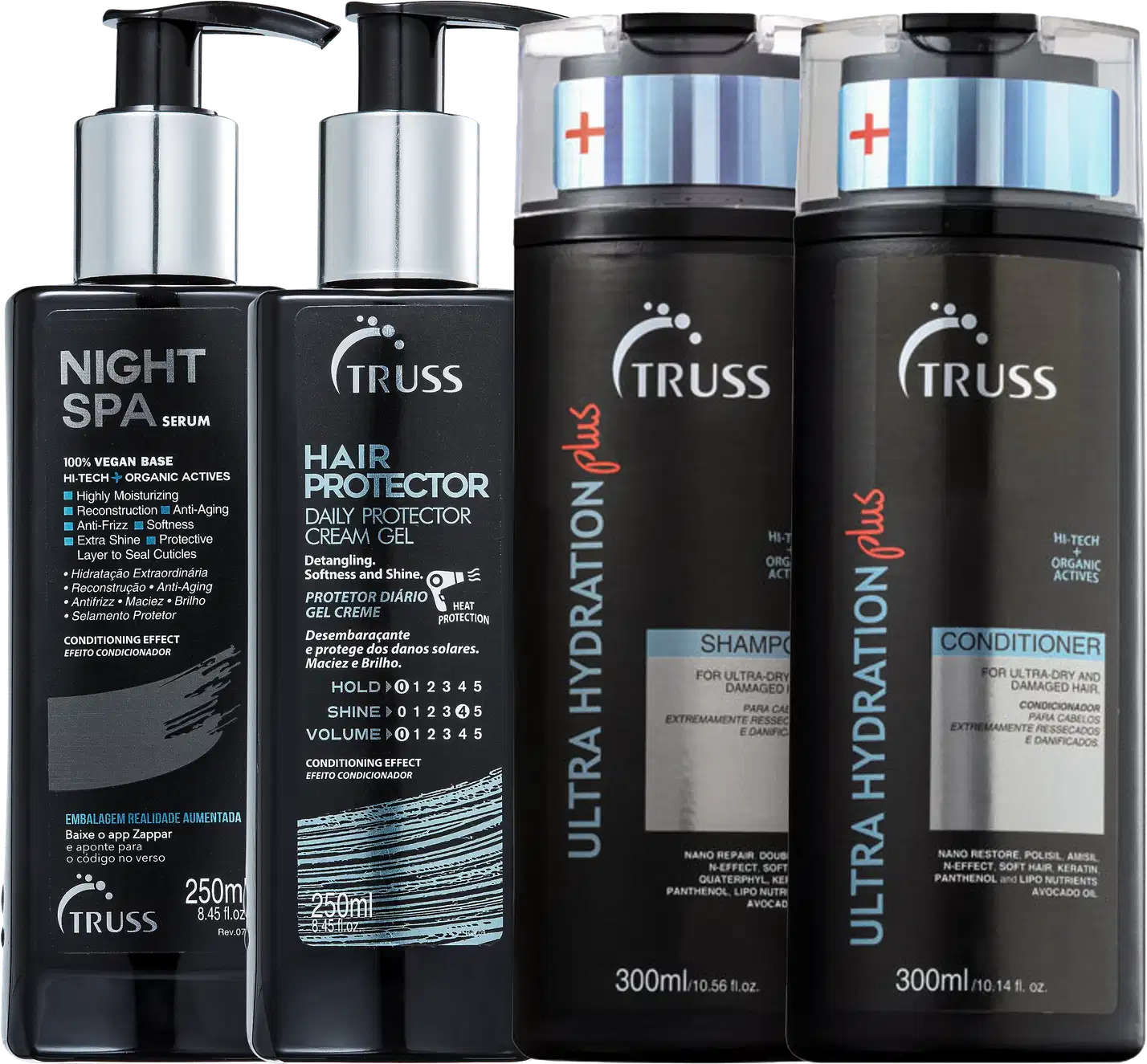 A imagem mostra um sérum noturno, um frasco de shampoo e condicionador e um leave-in. Os produtos são apresentados em frascos plásticos pretos e prata, exibindo os logotipos e descrições da marca Truss.