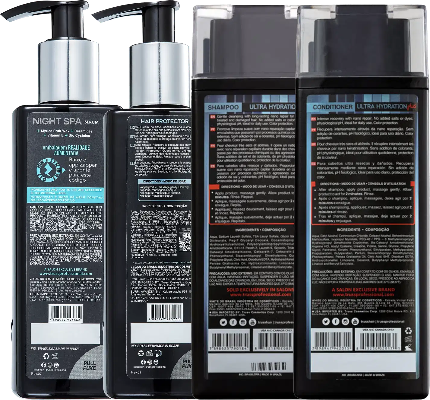 A imagem traz a parte de trás de quatro embalagens de produtos para cabelos. Os frascos são elegantes, na cor preta, com rótulos detalhando os ingredientes e informações dos produtos em inglês e português.