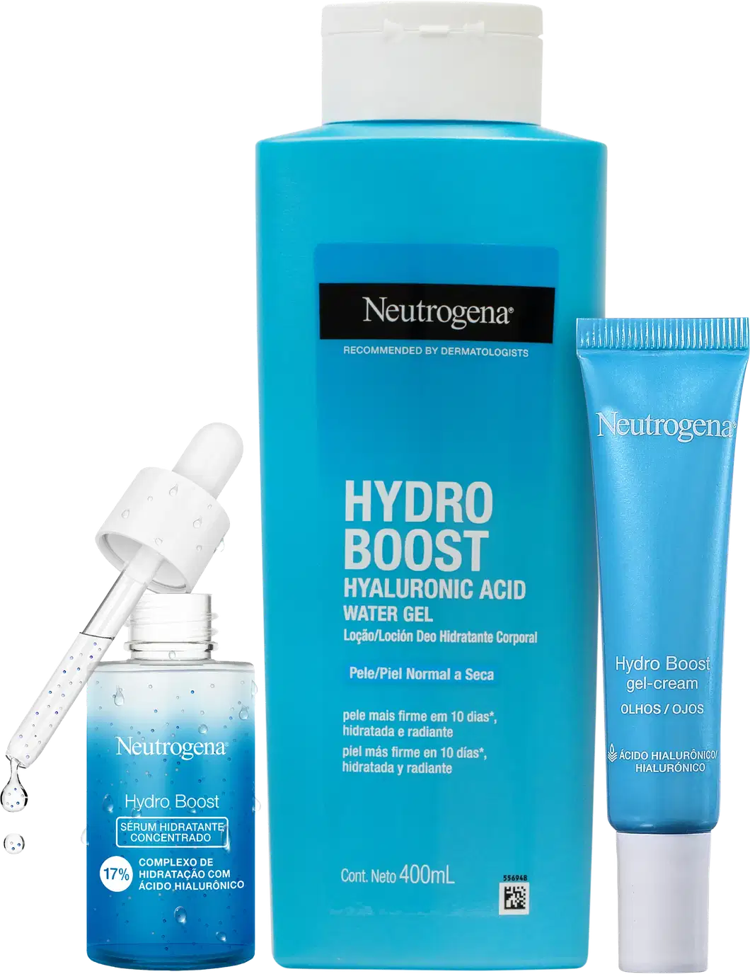 O imagem mostra um kit com 3 produtos Neutrogena da linha Hydro Boost. Um frasco grande, no meio, de hidratante corporal, na esquerda um frasco menor azul com o aplicador acima e na direita uma bisnaga pequena azul, com tampa branca para a área dos olhos.