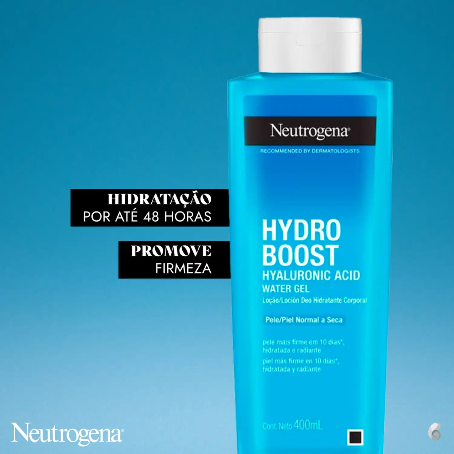 A imagem mostra o frasco do hidratante corporal, num fundo azul, com indicações de resultados após o uso.
