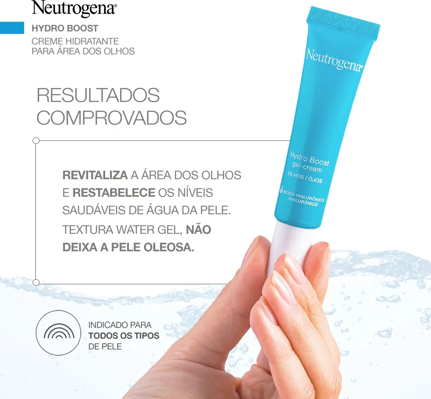 A imagem mostra um folheto com uma mão segurando a bisnaga azul para área dos olhos e informações sobre os resultados comprovados pós uso do produto.
