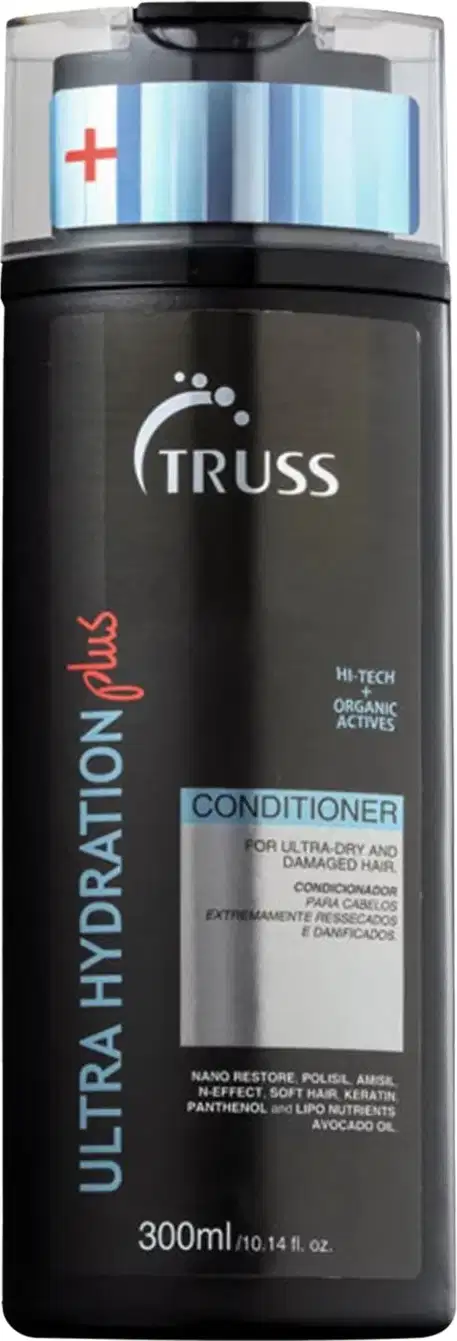 A imagem mostra um frasco de condicionador da marca Truss, da linha "Ultra Hydration Plus". É um produto voltado para cabelos extremamente secos e danificados.