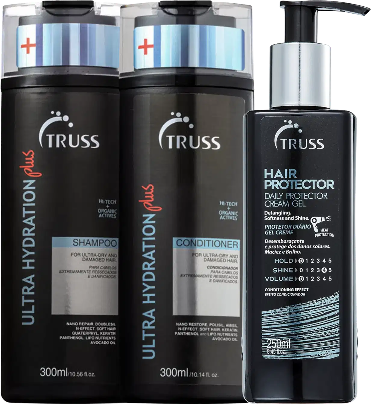 A imagem mostra três produtos da marca Truss para cuidados com os cabelos. São dois frascos grandes de 300ml contendo Shampoo e Condicionador da linha Ultra Hydration Plus. Há também um frasco menor, do leave-in Hair Protector.
