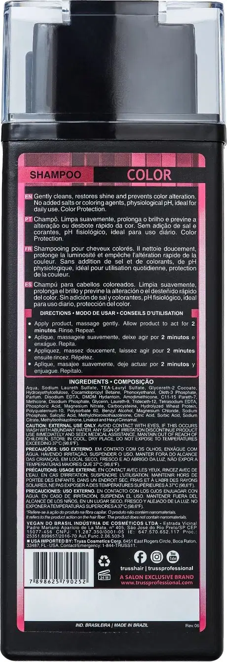 A imagem mostra um shampoo para cabelos coloridos da marca Truss. O produto é chamado "Color Shampoo" e é destinado a limpar suavemente, restaurar o brilho e prevenir o desbotamento de cabelos coloridos.