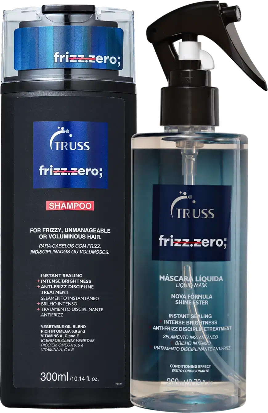 A imagem mostra produtos de cuidados capilares da marca Truss, da linha Frizz.zero, desenvolvidos especificamente para cabelos com frizz, indisciplinados ou volumosos. Os produtos apresentados são um shampoo e uma máscara líquida.