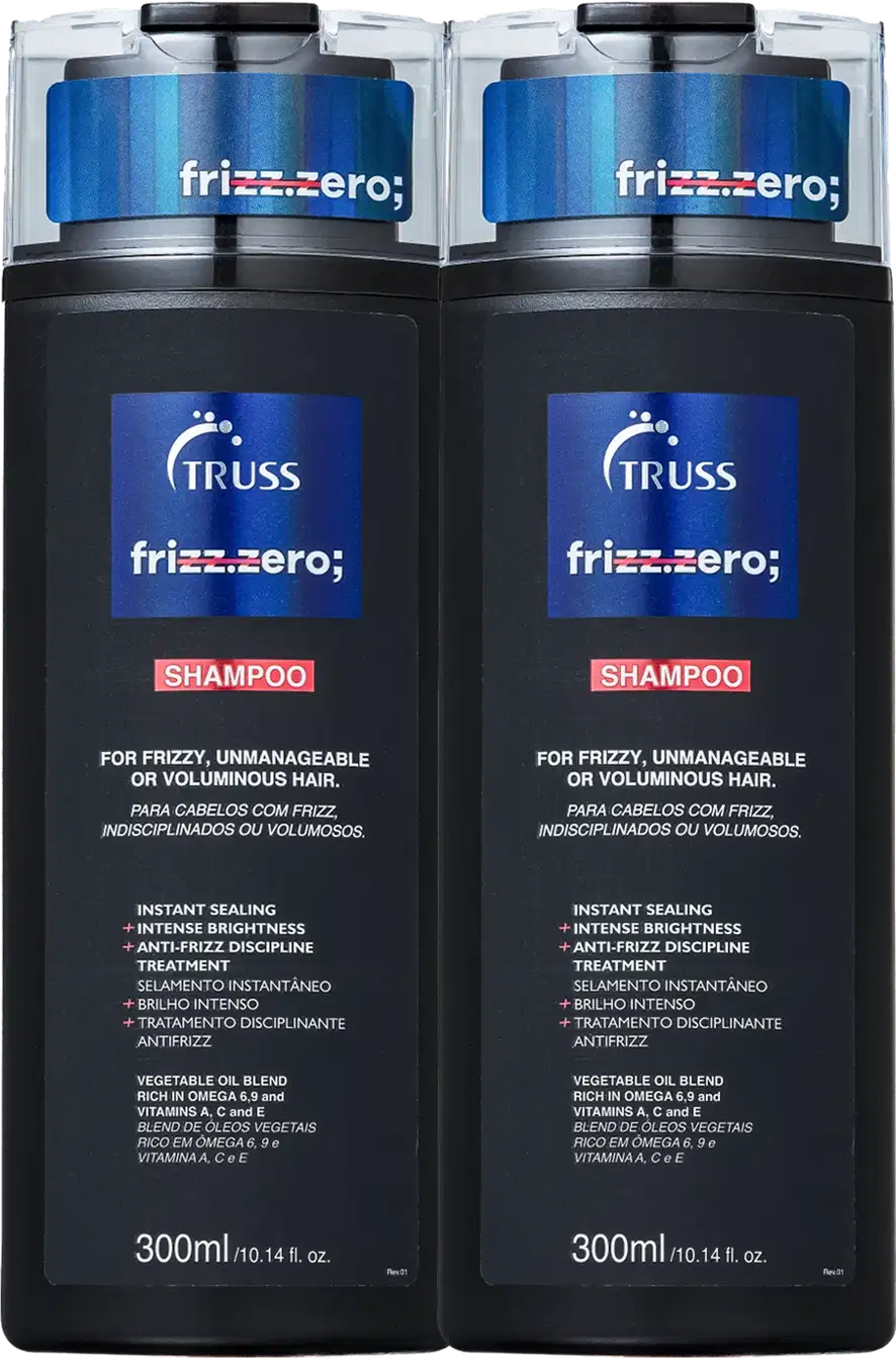 A imagem mostra dois frascos de shampoo da marca Truss, da linha frizz.zero. Esses shampoos são destinados para cabelos indisciplinados ou volumosos.