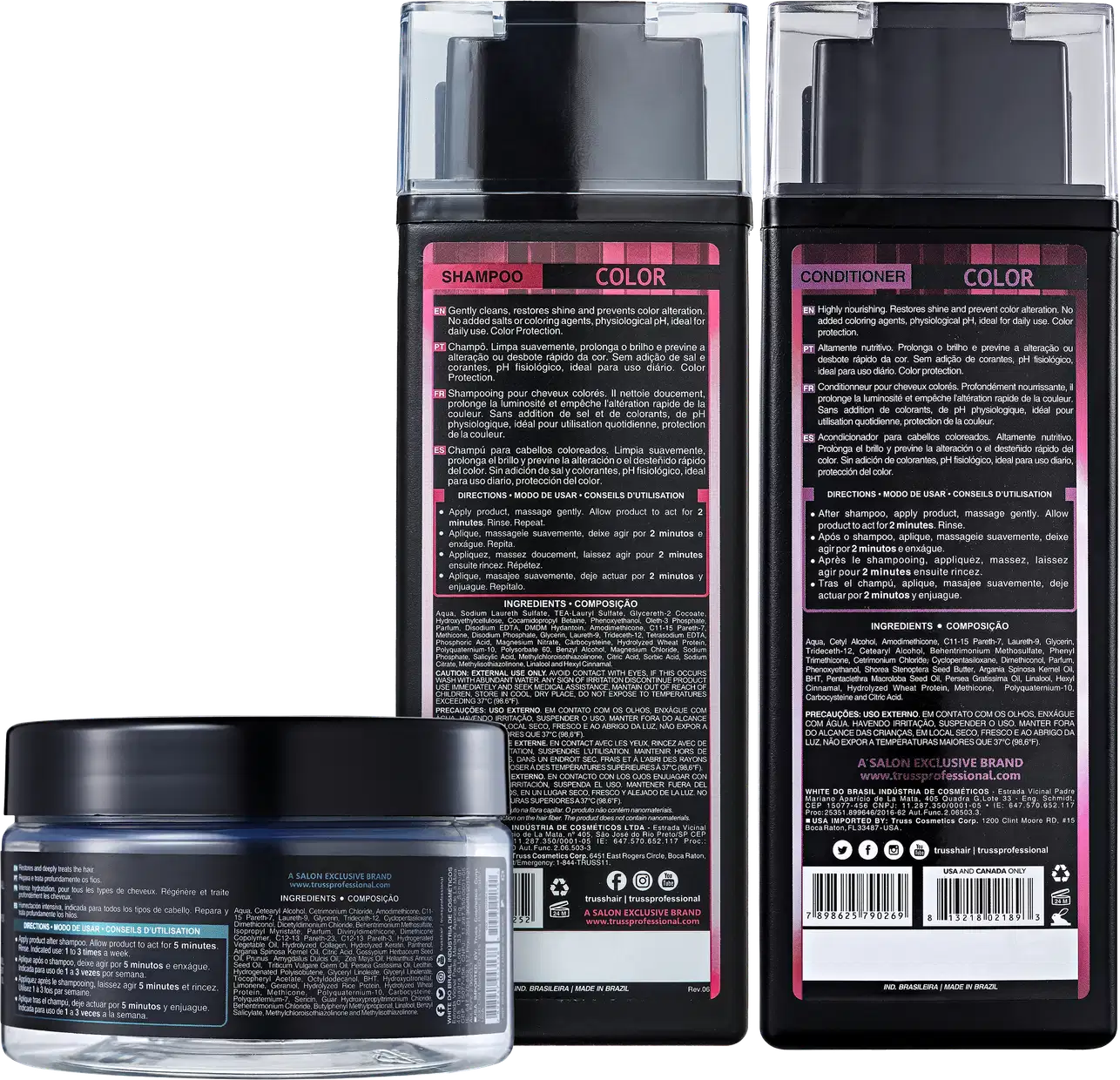 A imagem mostra dois produtos de cuidados capilares para cabelos coloridos, da linha Color de Truss. Um é um shampoo e o outro é um condicionador. Além disso, há a máscara capilar "Specific". As embalagens trazem informações sobre instruções de uso.