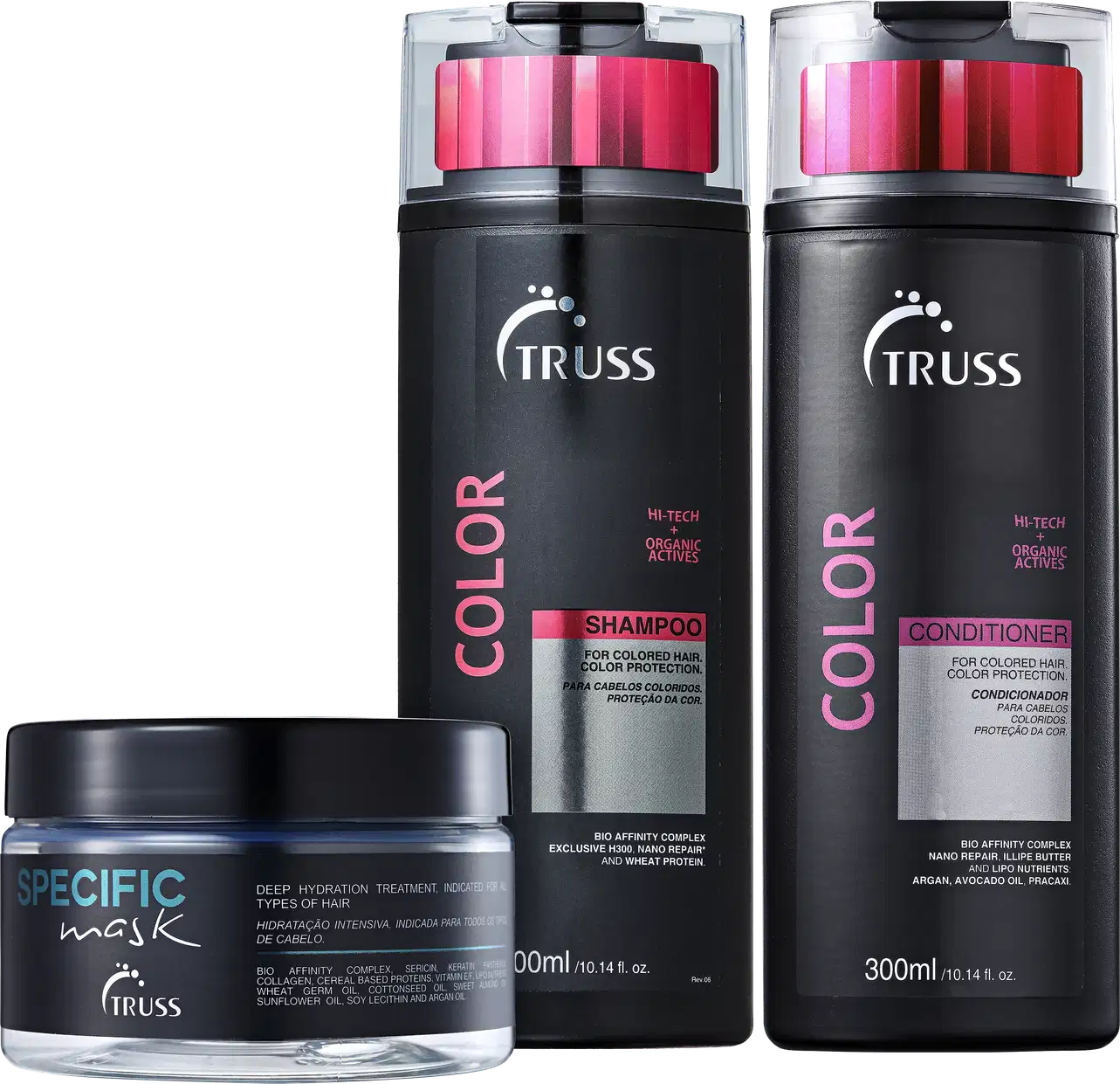 A imagem mostra produtos da marca Truss. São apresentados:

1- Shampoo Color
2- Condicionador Color
3- Máscara Capilar Specific