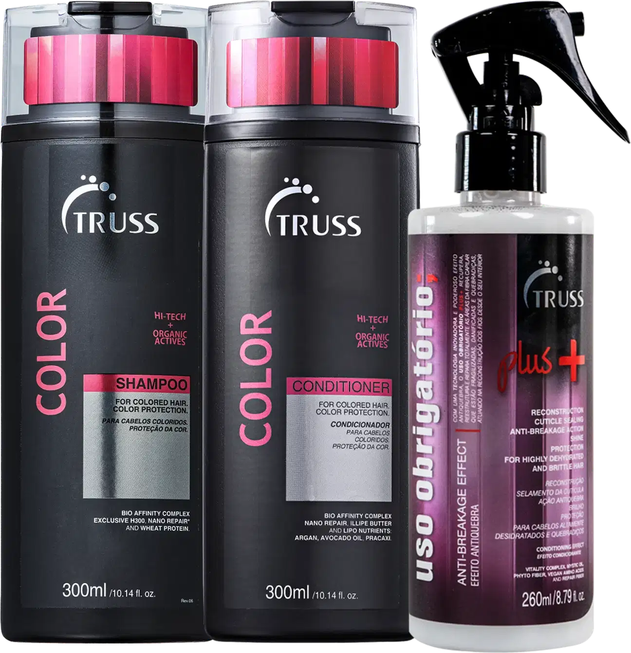 Na imagem um shampoo para cabelos coloridos da linha Color, que promete proteger a cor. Um condicionador da mesma linha. E um leave-in da linha Plus+, para reconstrução capilar, ação anti-quebra e brilho para cabelos muito danificados e opacos.