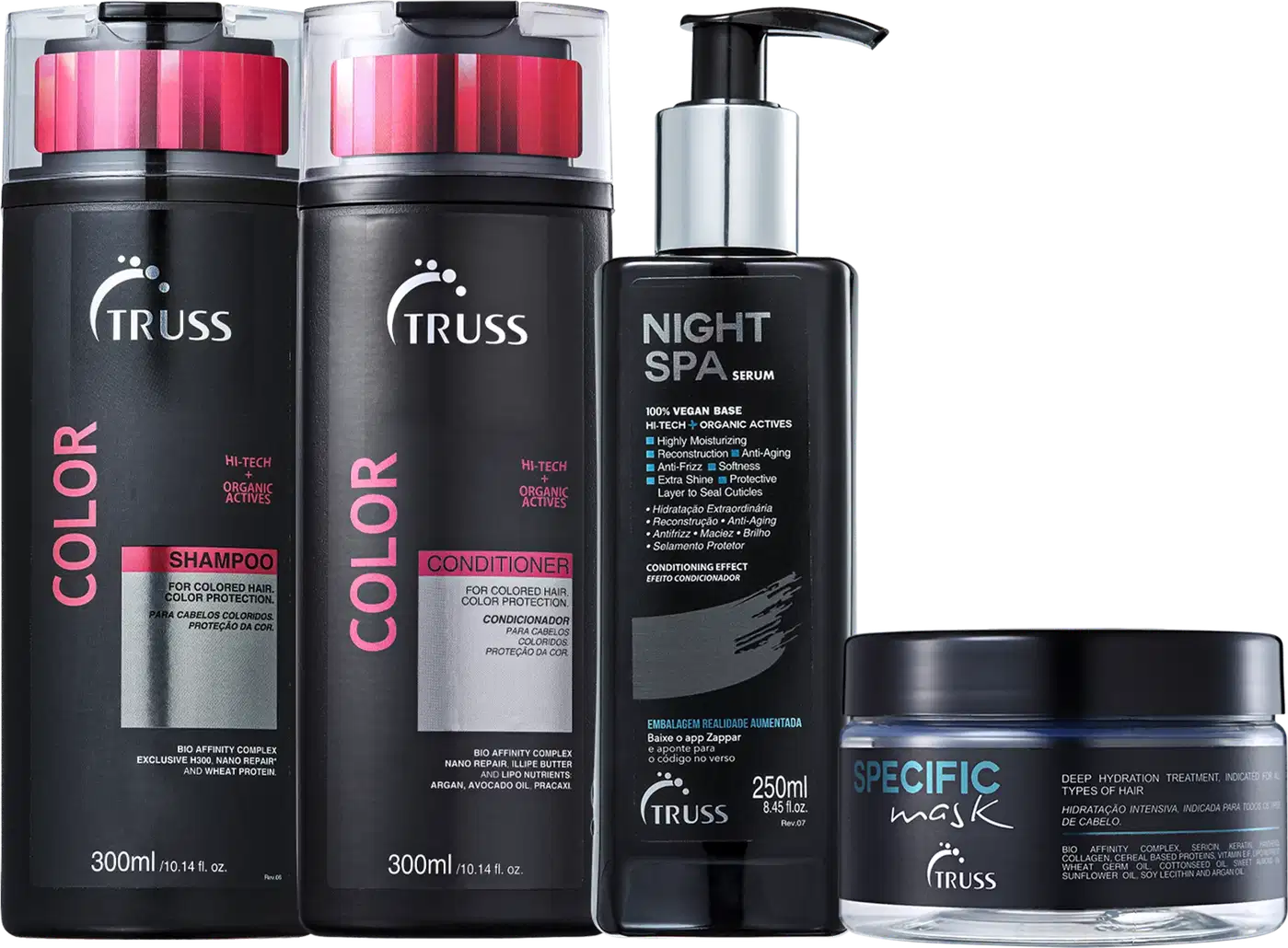Na imagem um shampoo e condicionador da linha Color em embalagem preta com detalhes em prata e rosa. Um sérum noturno e uma máscara capilar.