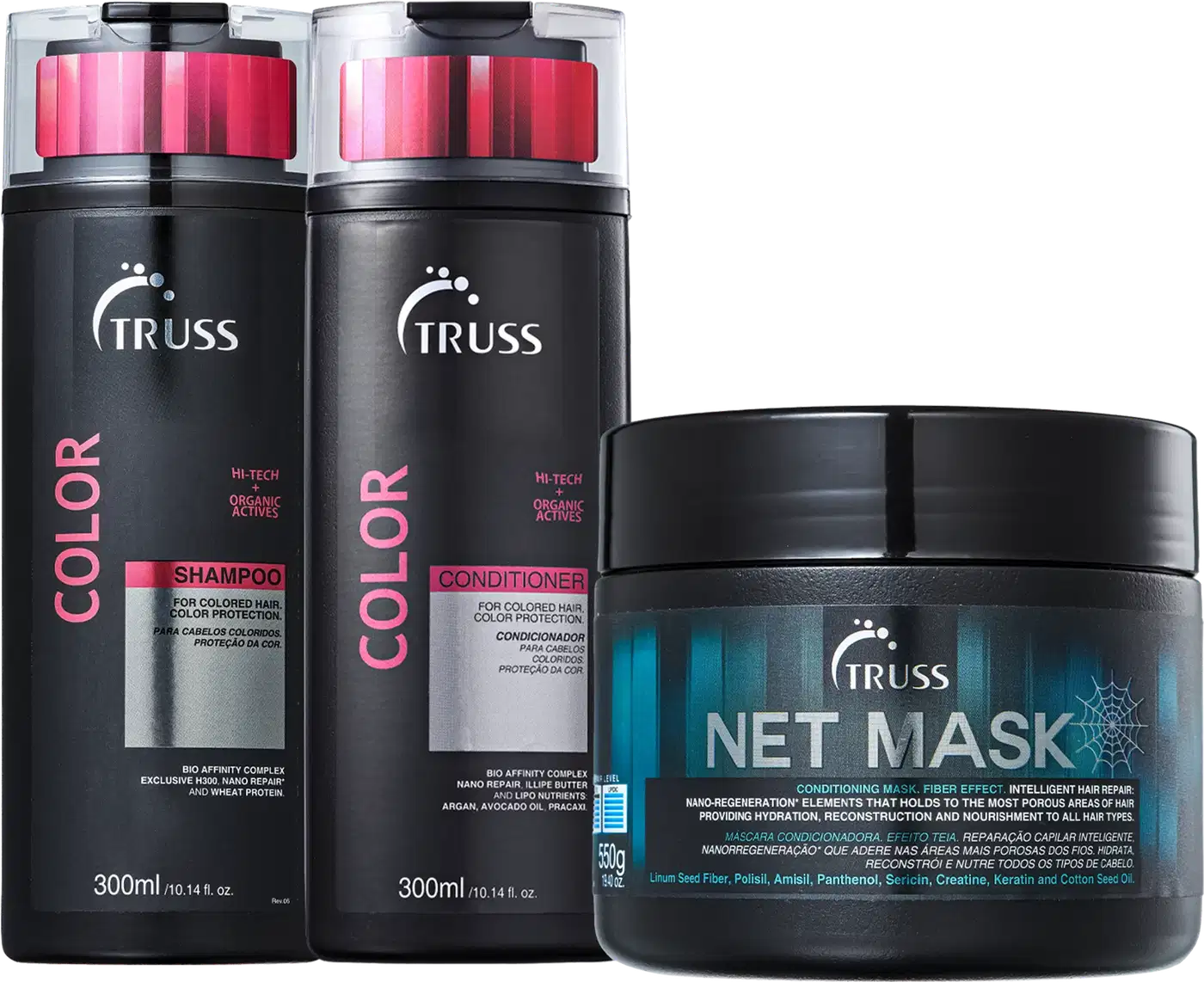 Kit Truss Color para cabelos coloridos inclui shampoo, condicionador e máscara Net Mask. Protege a cor, repara danos, hidrata e fortalece os fios. Ideal para manter cabelos saudáveis, sedosos e com uma cor vibrante.