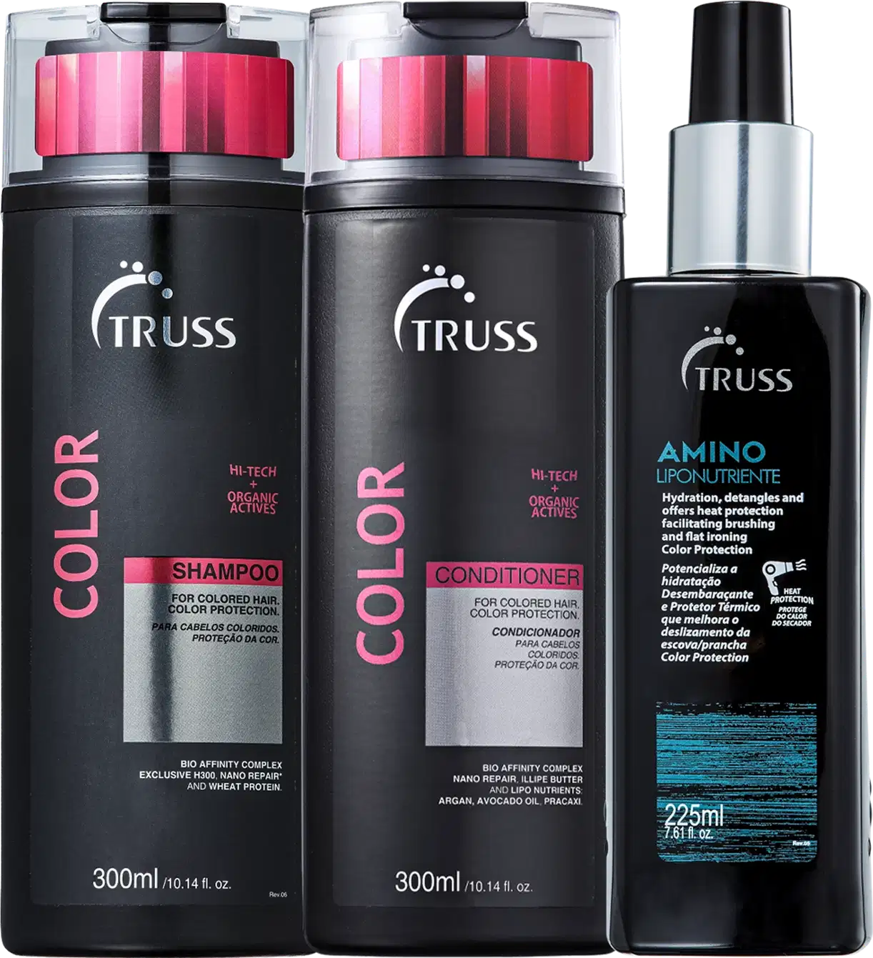 Na imagem há um shampoo e um condicionador de 300ml cada, ambos da linha Color. Eles têm um design preto com detalhes em rosa. O terceiro produto é um leave-in de 225ml que hidrata, desembaraça, protege a cor e facilita o alisamento dos cabelos.