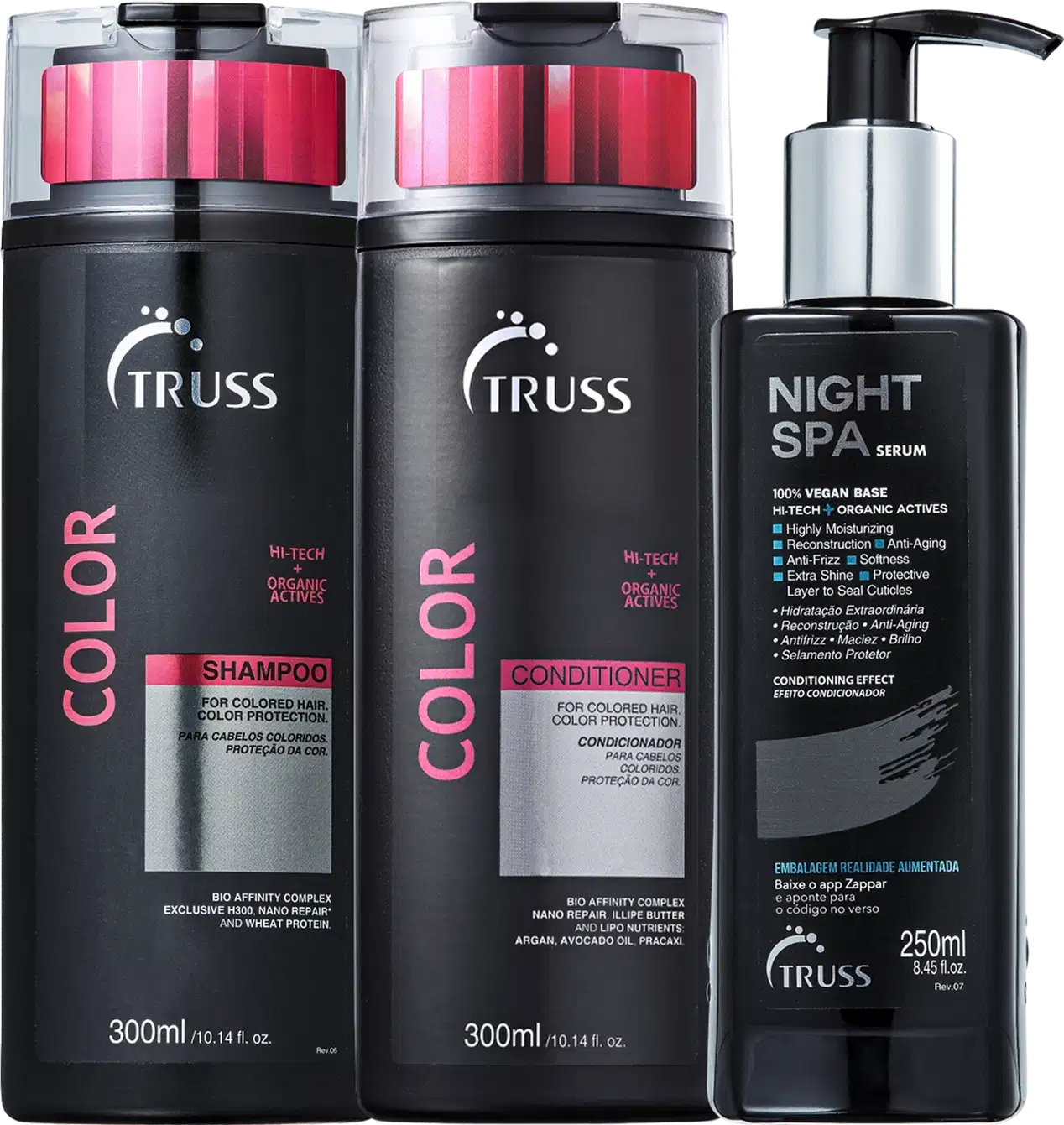 Na imagem um shampoo e um condicionador da linha Color, ambos em embalagens pretas e rosa, para proteção da cor e tratamento dos fios. Também há um sérum noturno chamado Night Spa, em embalagem preta com ativos orgânicos e high-tech para hidratação.