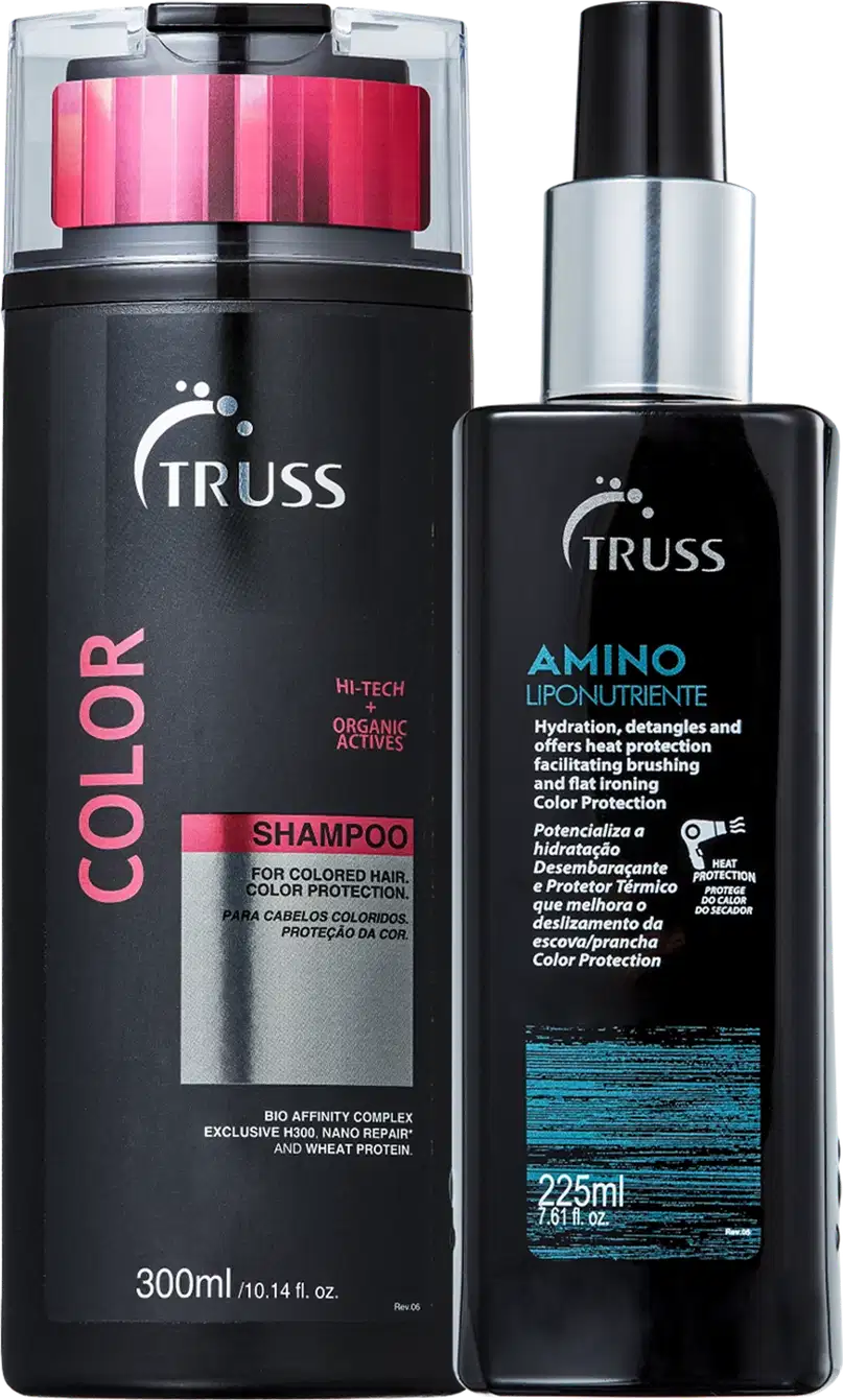 Na imagem há um shampoo de 300ml da linha Color. Ele têm um design preto com detalhes em rosa. Ao lado há um leave-in de 225ml que hidrata, desembaraça, protege a cor e facilita o alisamento dos cabelos.