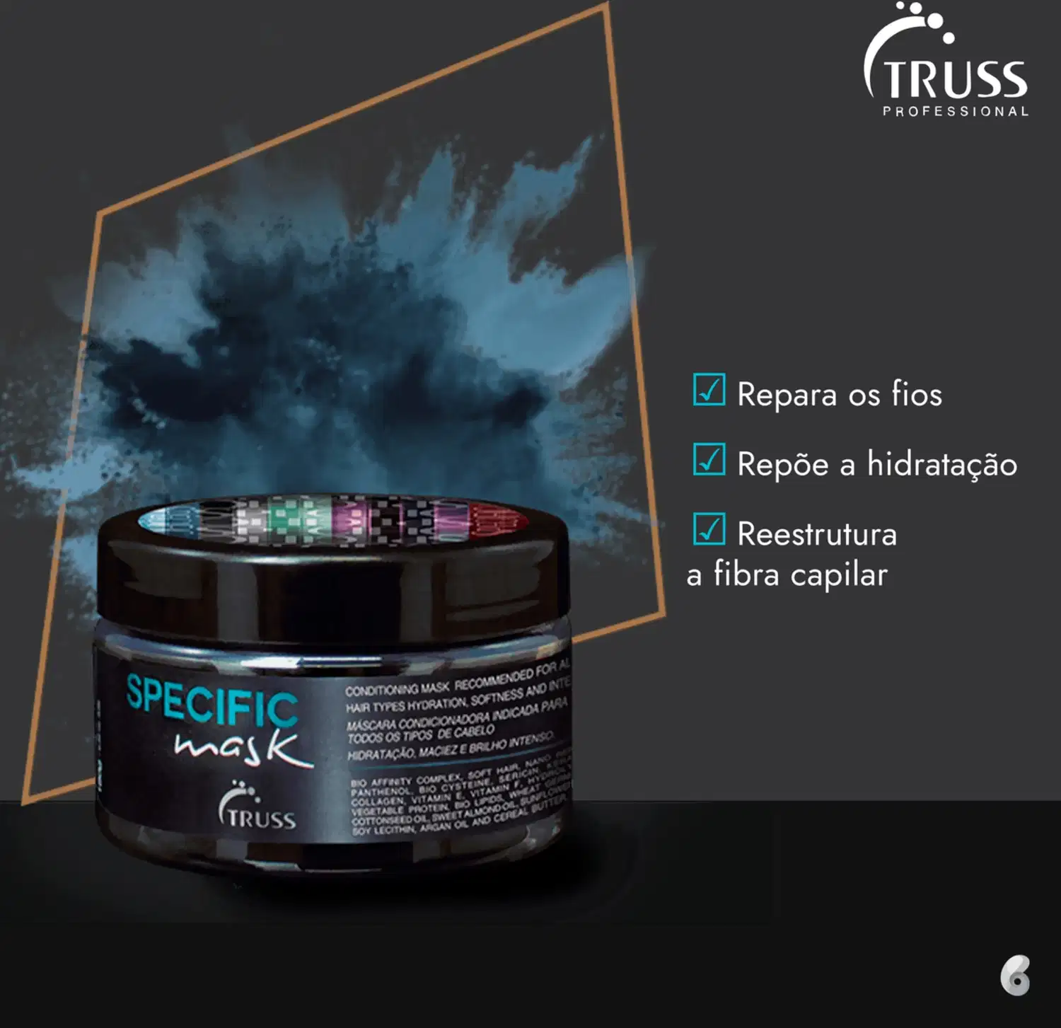 Na imagem o pote da máscara capilar Specific. 
Ao lado da máscara, há três selos verdes que listam os benefícios principais: "Repara os fios", "Repõe a hidratação" e "Reestrutura a fibra capilar".