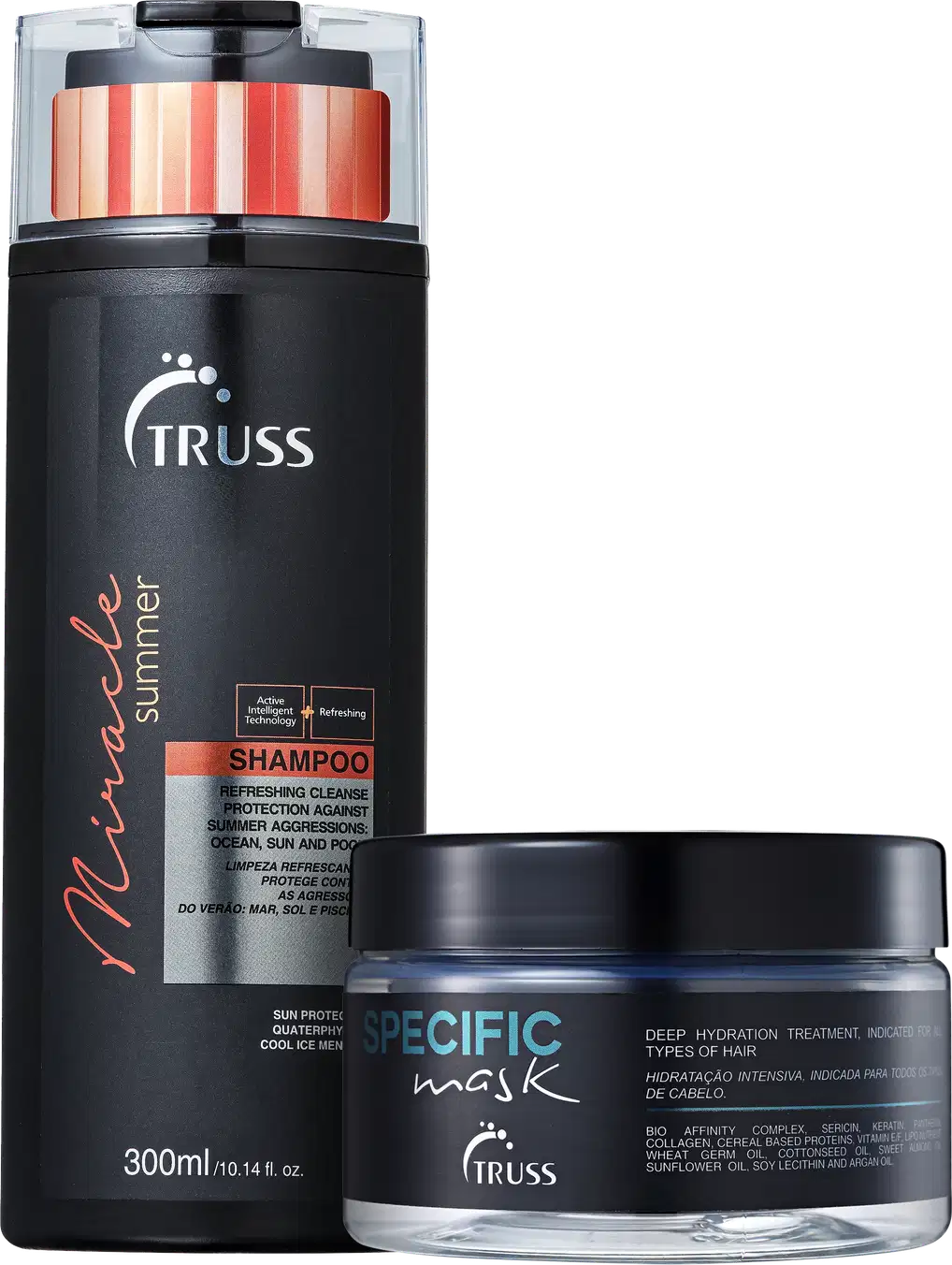 Na imagem um frasco de shampoo da Linha Miracle Summer de 300ml. Ao lado uma máscara capilar Specific de 180g. Ambos estão em embalagens pretas.
