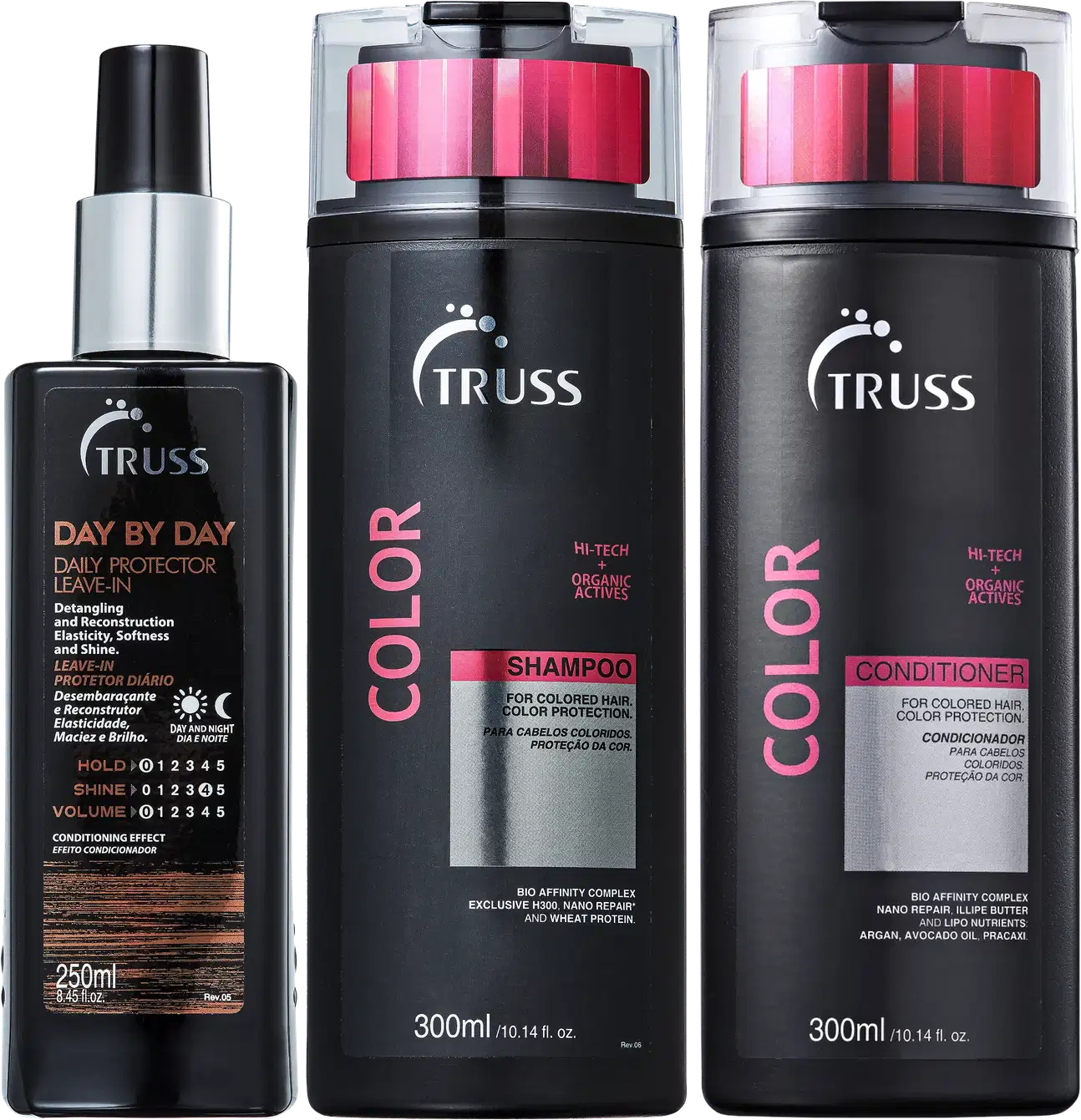 A imagem mostra uma linha de produtos para cabelos da marca Truss. São eles:
- Shampoo Color
- Condicionador Color
- Leave-in Day By Day