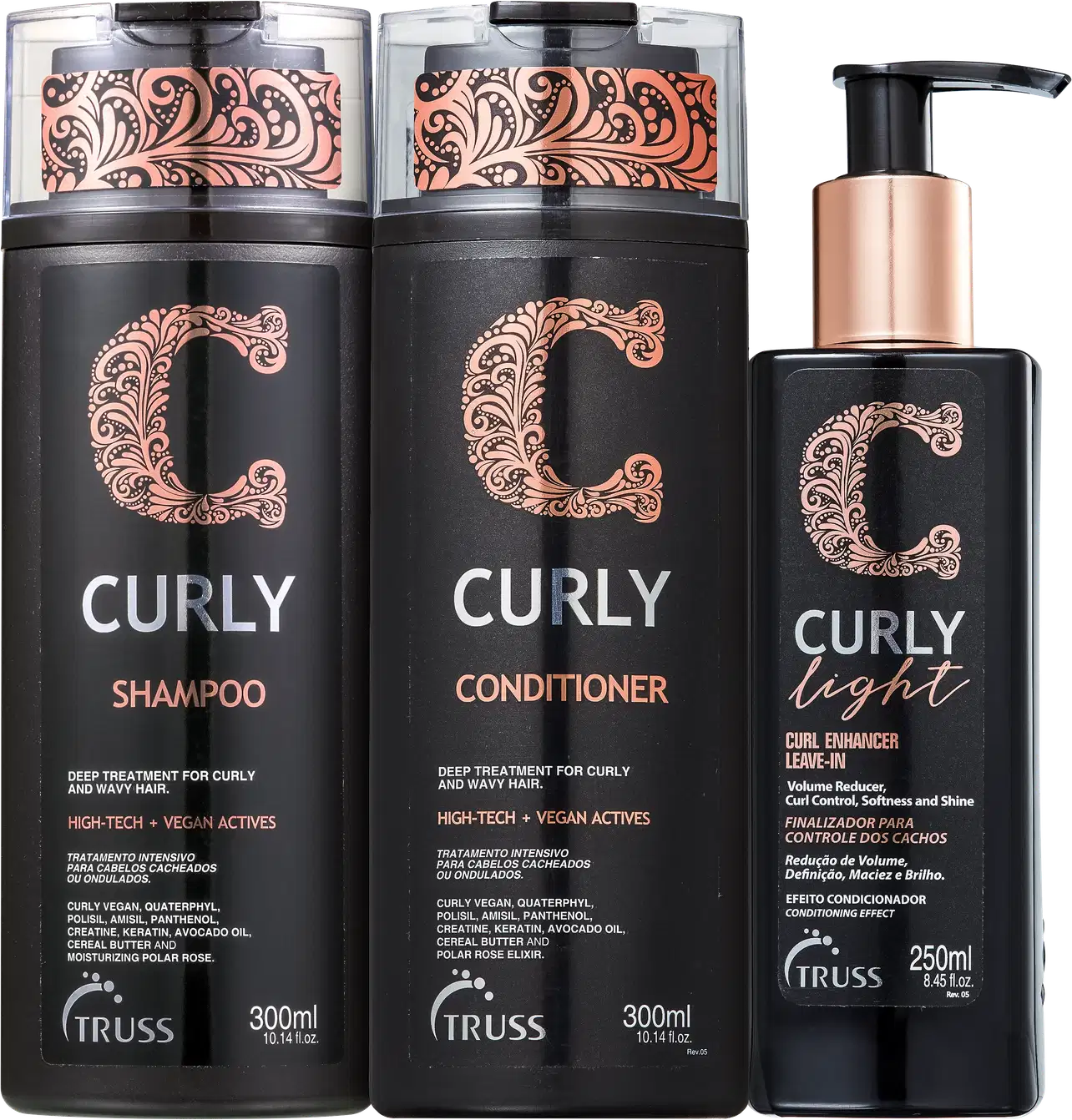 A imagem mostra uma linha de produtos para cabelos da marca Truss. São eles:
- Shampoo Curly Low Poo
- Condicionador Curly
- Ativador de Cachos Curly