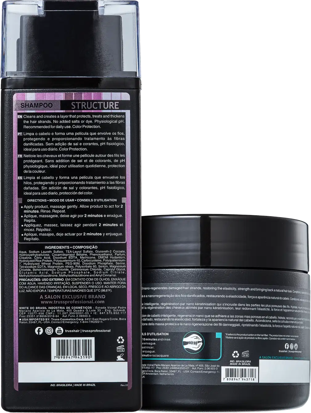 A imagem mostra a parte de trás dos produtos do kit, contendo modo de uso, ingredientes e outras informações em letras miúdas.