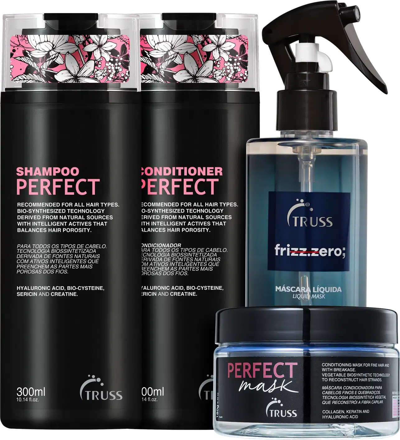 A imagem mostra 4 produtos TRUSS lado a lado. Temos o shampoo, condicionador e máscara Perfect, com embalagem preta e letras em rosa e branco; e o Frizz Zero de embalagem spray com tampa preta e rótulo azul.