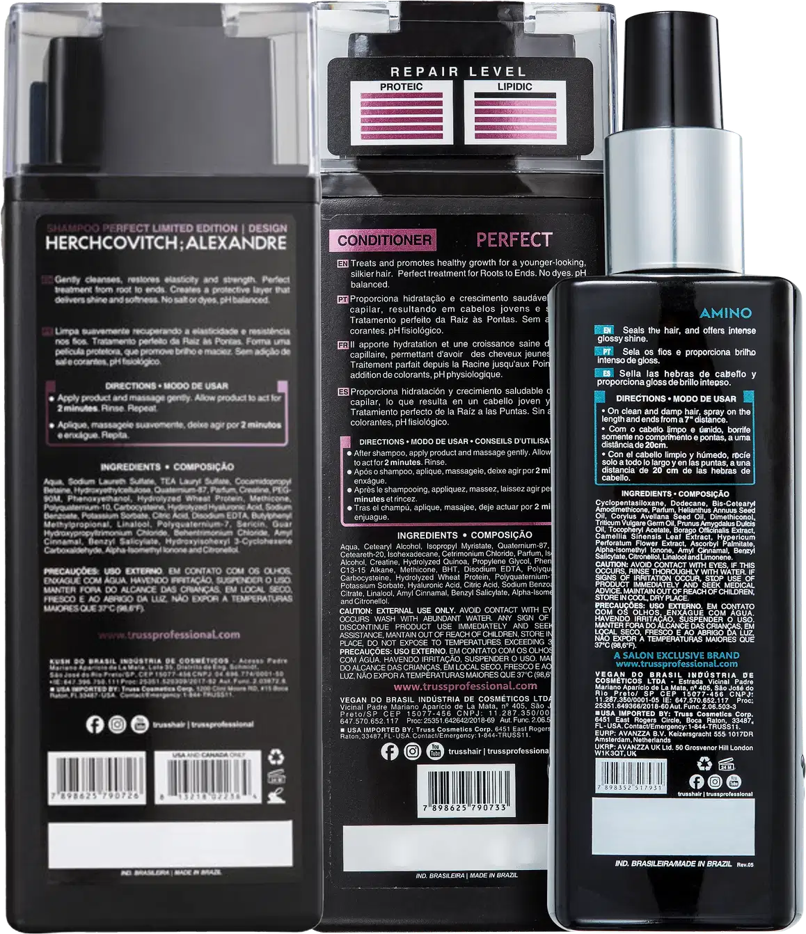 A imagem mostra a parte de trás dos produtos do kit, contendo modo de uso, ingredientes e outras informações em letras miúdas.