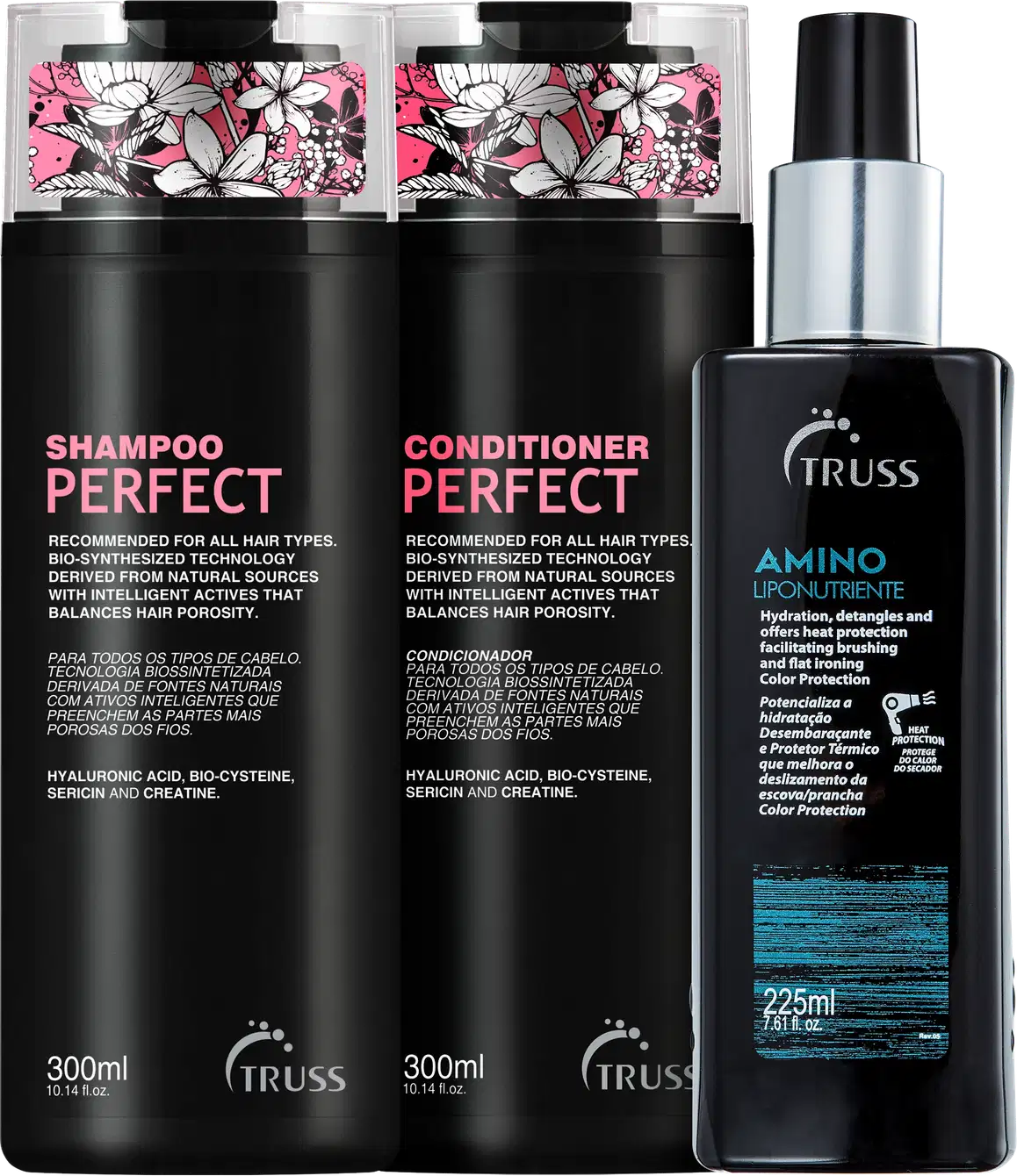 A imagem mostra 3 produtos TRUSS lado a lado. Temos o shampoo e condicionador Perfect, com embalagem preta e letras em rosa e branco com desenho de flores na tampa; e o Amino com embalagem pump preta, rótulo com  letras brancas e detalhes azuis.