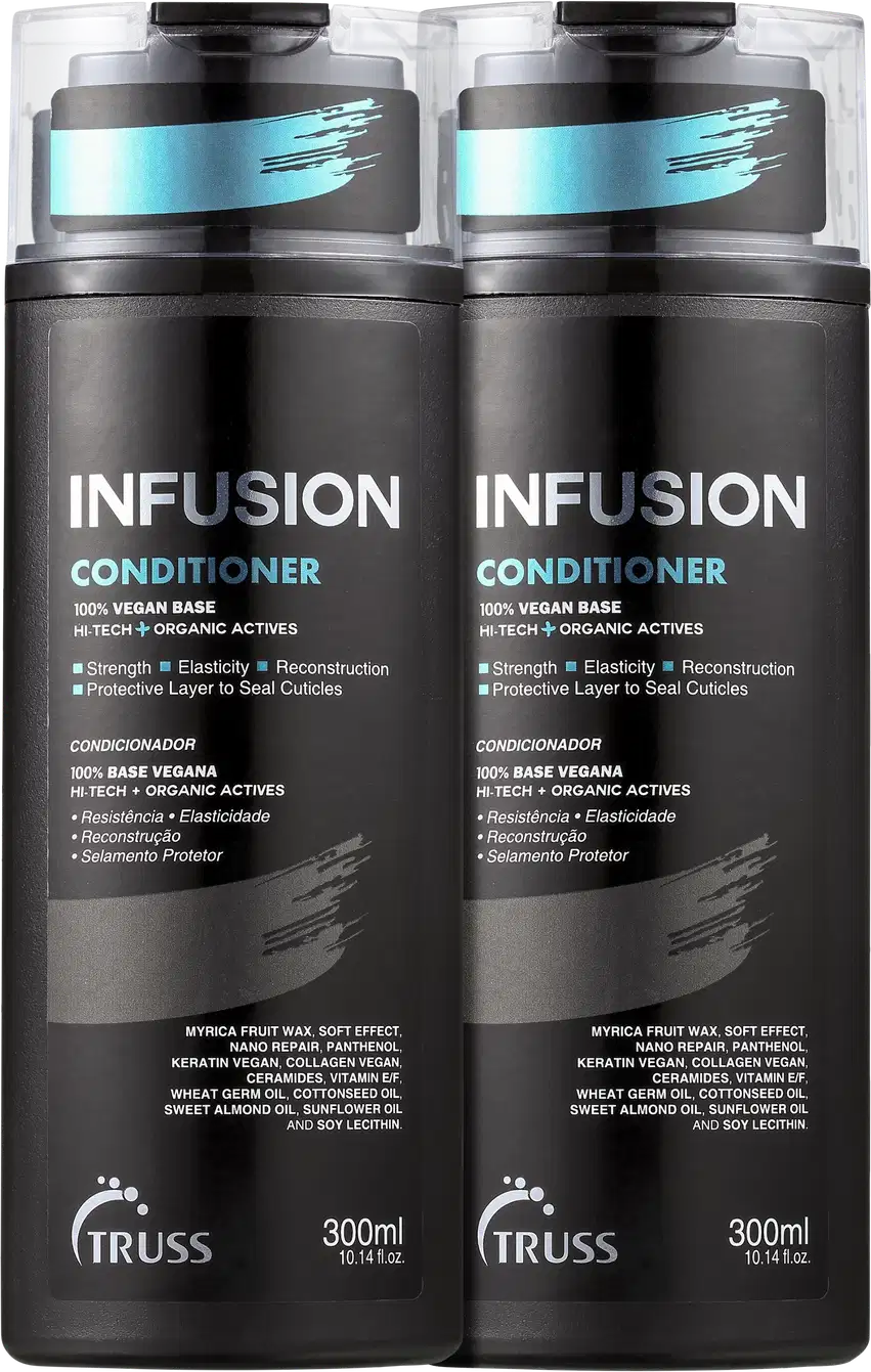A imagem mostra dois frascos de condicionador da marca Truss, chamado "Infusion Conditioner". Os frascos são pretos e têm detalhes em azul claro e metalizado. Cada frasco contém 300ml do produto.