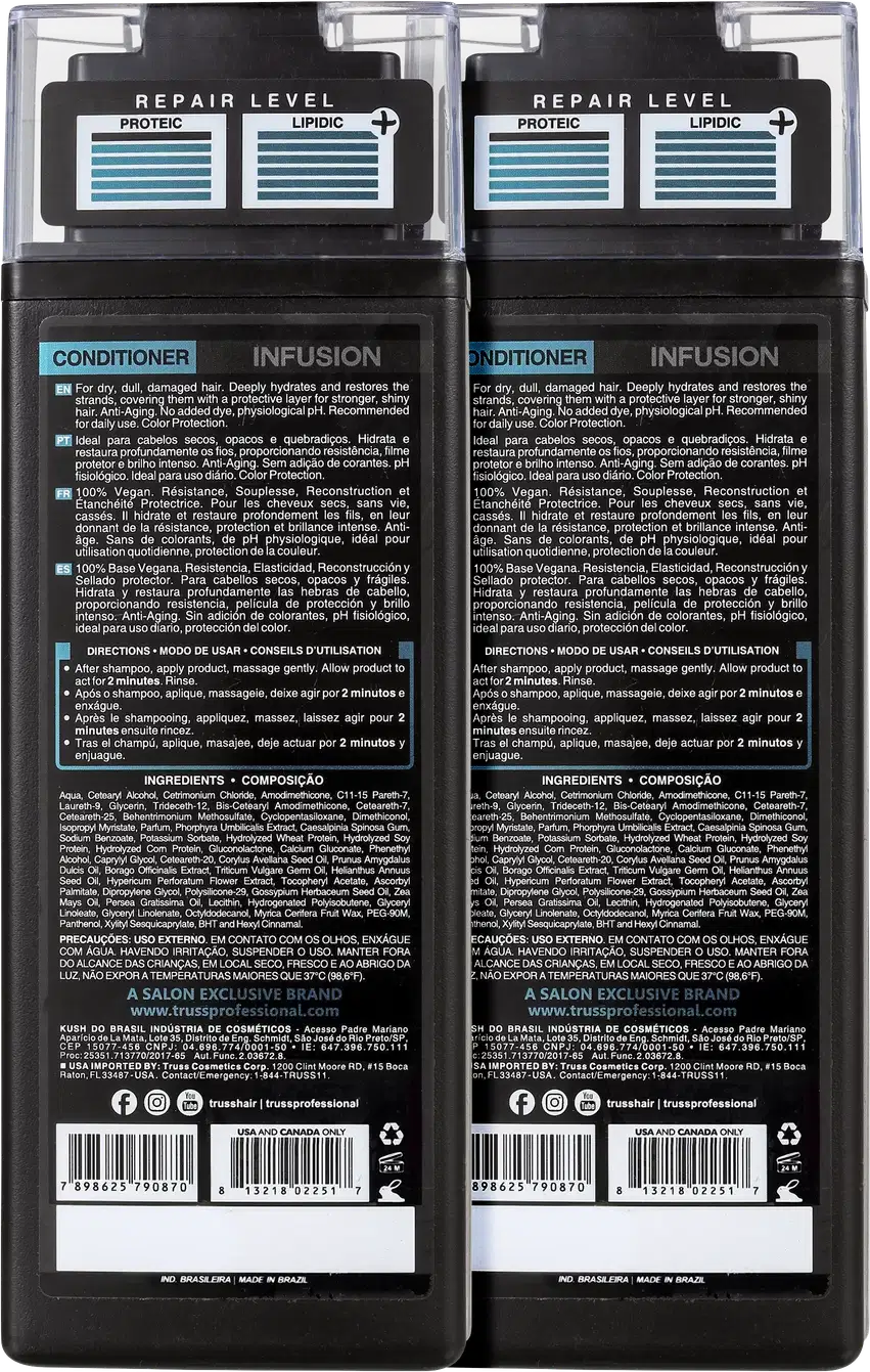 A imagem traz o verso dos dois produtos e os rótulos que detalham melhor as informações das fórmulas como o modo de uso, ingredientes e precauções.