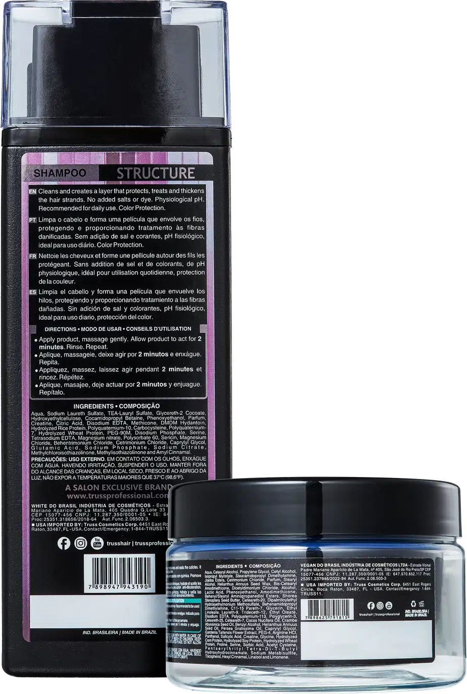 A imagem traz o verso dos dois produtos e os rótulos que detalham melhor as informações das fórmulas como o modo de uso, ingredientes e precauções.