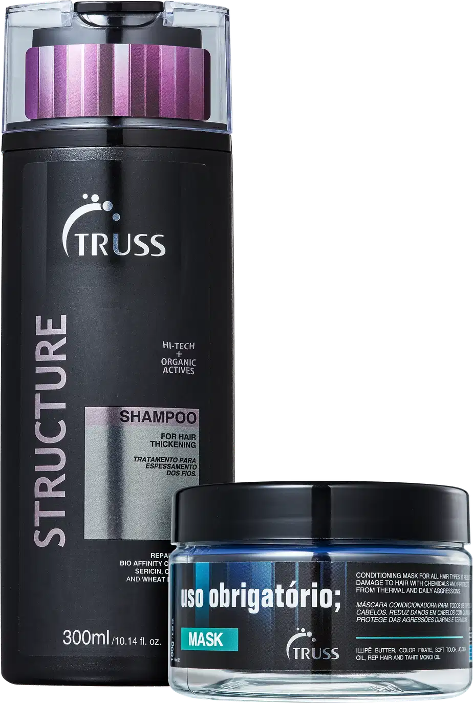A imagem mostra dois produtos de cuidados capilares da marca Truss. O primeiro é um shampoo apresentado em um frasco preto com detalhes em roxo. O segundo produto é uma máscara capilar que vem em um pote transparente com rútulo preto e detalhes em azul.