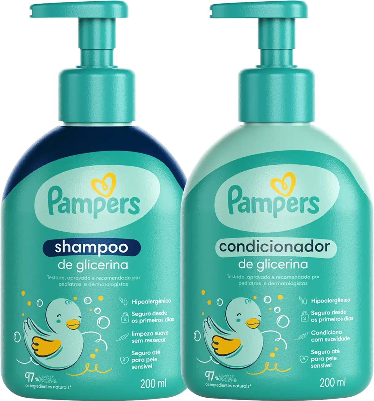 A imagem mostra shampoo e condicionador Pampers em embalagem pump de 200ml na cor verde claro com ilustração de um patinho no rótulo.