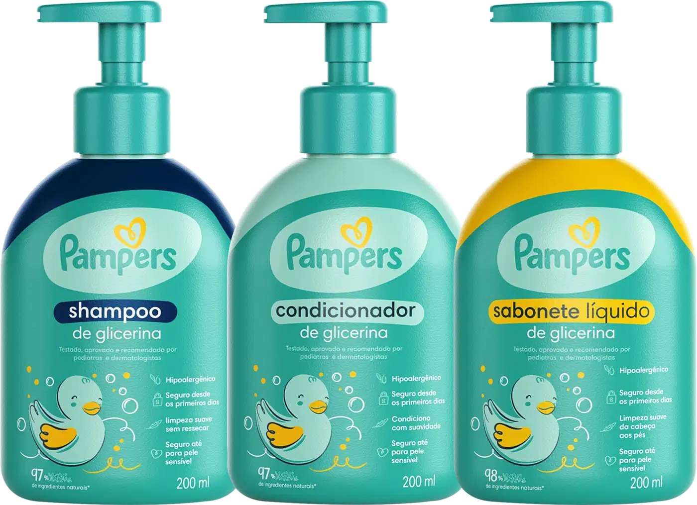 A imagem traz shampoo, condicionador e sabonete líquido Pampers. Todos dispostos lado a lado em fileira em embalagens de cor verde clara com ilustrações infantis de pato.