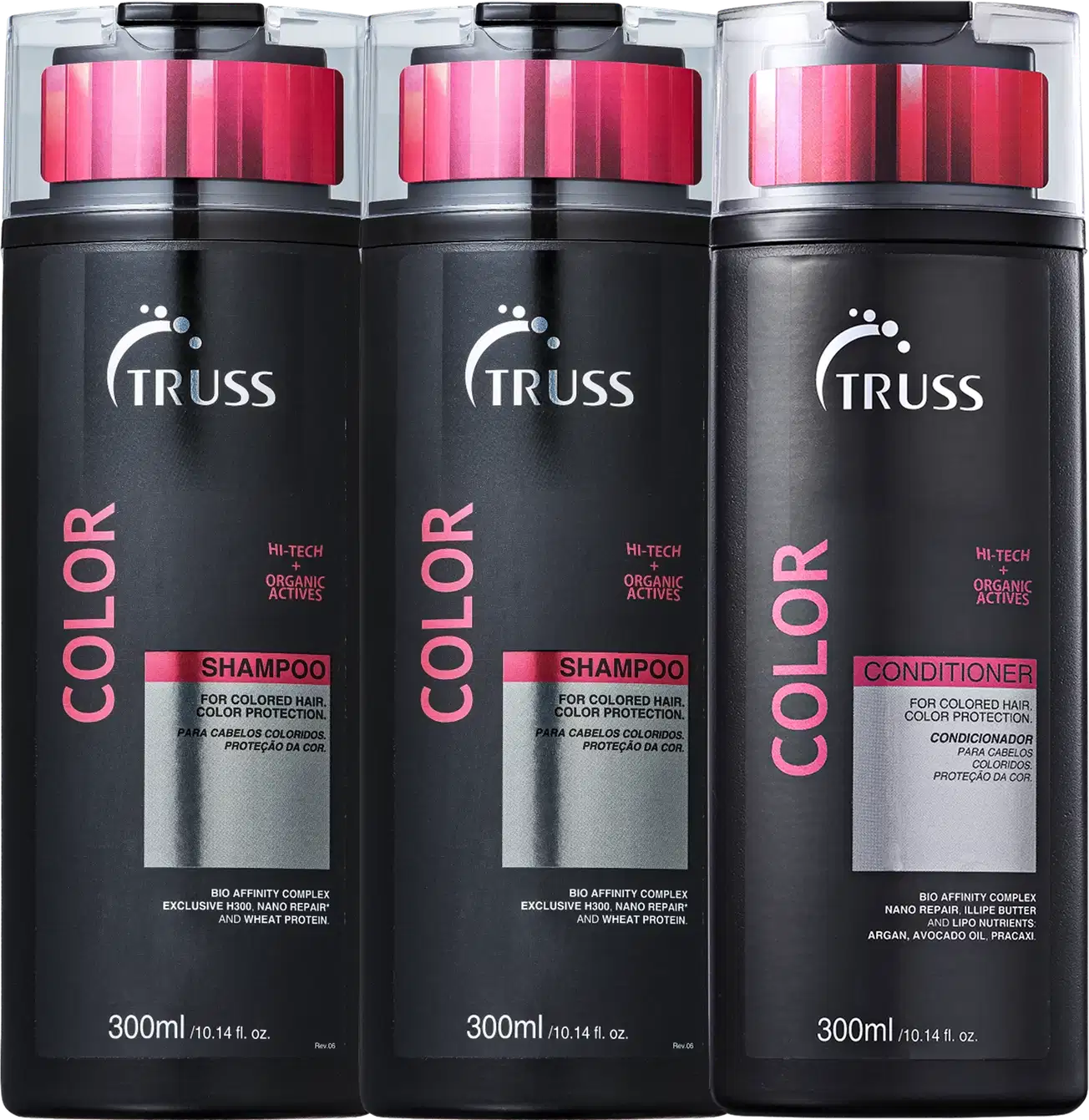 A imagem mostra três frascos de produtos para cabelos coloridos da marca Truss. São dois shampoos e um condicionador, todos com embalagens pretas de 300ml.