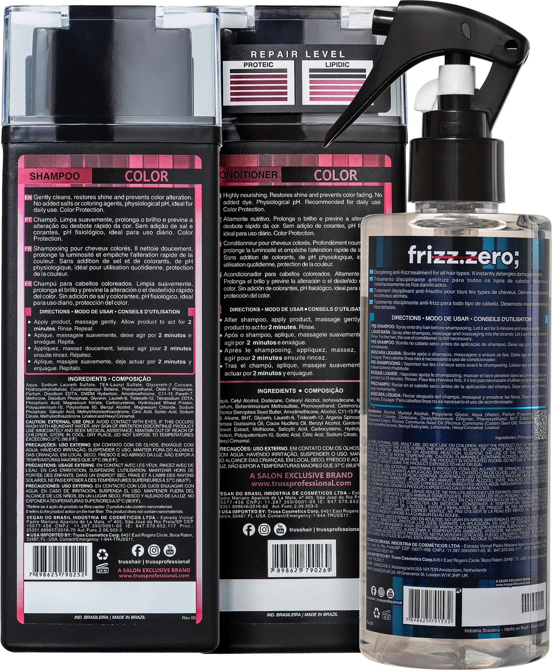 Produtos da marca Truss. Embalagens retangulares para shampoo e condicionador, com predominância das cores rosa e preta. Rótulos com os ingredientes e modo de uso. Frasco plástico transparente com spray para tratamento capilar, com líquido incolor.