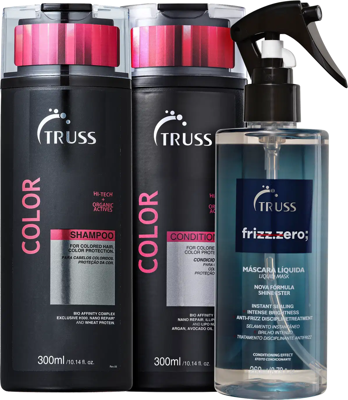 Produtos para cabelos da marca TRUSS. Dois frascos plásticos pretos de 300ml contendo shampoo e condicionador da linha Color, com detalhes em rosa. Um frasco transparente de 300ml com uma máscara líquida frizz.zero de tratamento anti-frizz.