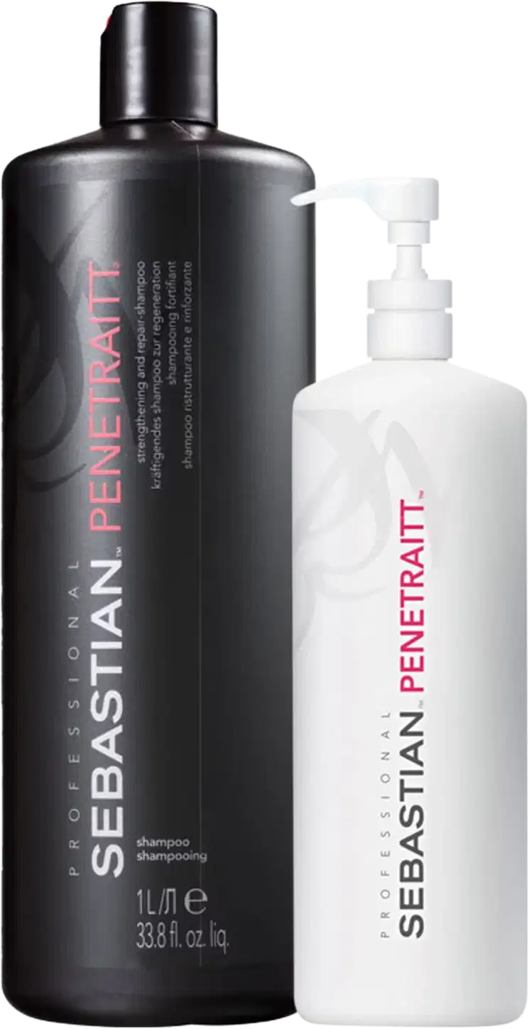Dois produtos de cuidados capilares da marca Sebastian Professional. Um é um shampoo em uma embalagem preta de plástico de 1 litro, com o nome "Sebastian Penetraitt". O outro é um produto em uma embalagem branca, também com o nome "Sebastian Penetraitt".