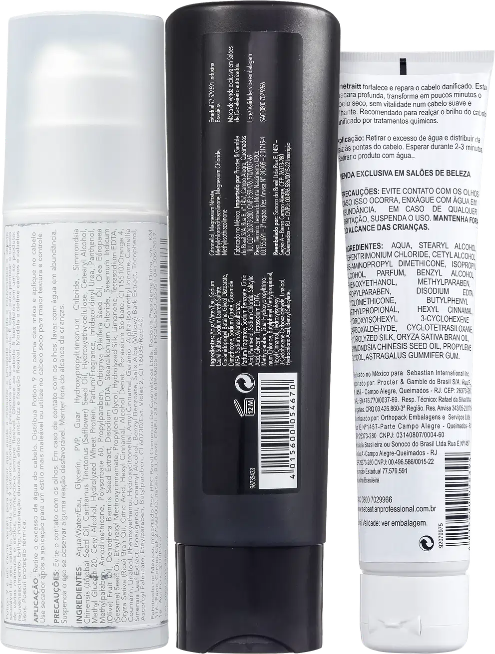 São três produtos de cuidados capilares da marca Sebastian Professional. 
Os frascos exibem rótulos com informações detalhadas sobre os ingredientes, instruções de uso e avisos em português.