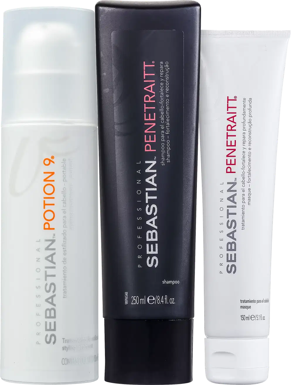 Produtos capilares da marca Sebastian Professional. O primeiro é um frasco branco com detalhes laranja, o Potion 9. O segundo é um shampoo em uma embalagem preta, o Sebastian Penetraitt. O terceiro é uma máscara em um tubo branco, a Sebastian Penetraitt.